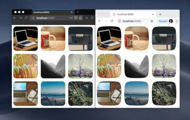 A side-by-side screenshot of two browsers, one with 9 rounded squares in a grid and the other with squirqle images