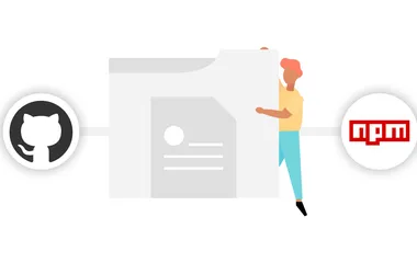Illustration of the GitHub logo and NPM logo on either side of a person holding a file