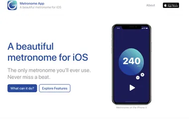 A mockup of an iOS app webpage with "A beautiful metronome for iOS" title and a mockup to the right