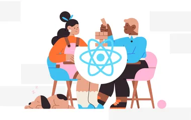 Two people playing a block stacking game on top of the React logo