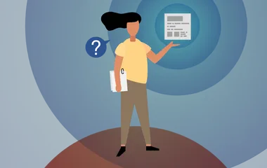 An illustrated person holding a newspaper with a question mark speech bubble