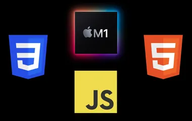 4 logos in a diamond layout on a black background. In a clockwise direction starting from the top, the M1 chip, HTML5, JacaScript, CSS3