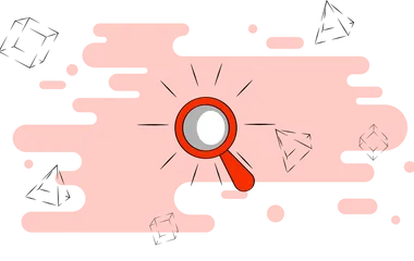Magnifying glass on a pale red background with abstract shapes surrounding
