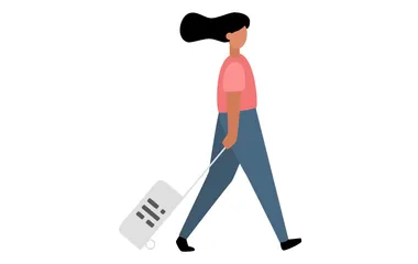 illustration showing a woman with a suitcase on wheels with the Ghost logo