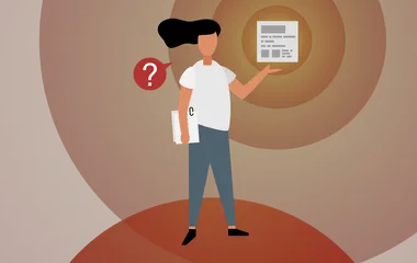 An illustrated person holding a newspaper with a question mark bubble