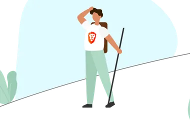 An illustration of a hiker wearing a shirt with the Brave logo