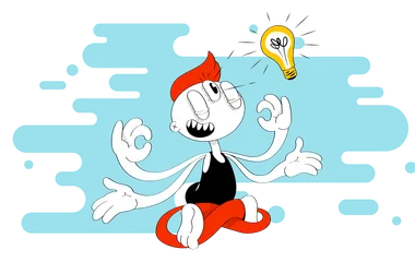 Cartoon person seeing an idea lightbulb in their mind's eye on a light blue cloud background