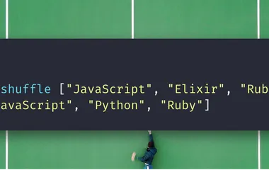 A snippet of code showing the iex prompt for shuffling an array of programming language names in Elixir
