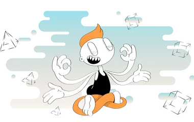 Cartoon person meditating with abstract shapes surrounding them