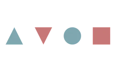 Abstract arrangement of a blue triangle up, red triangle down, blue circle and red rectangle in a row