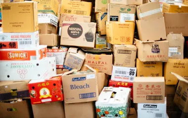 Various boxes stacked on top of each other in a disorganised manner
