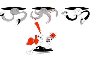 Cartoon person halfway in a portal seeing 3 bottom halves of different people stuck in portals