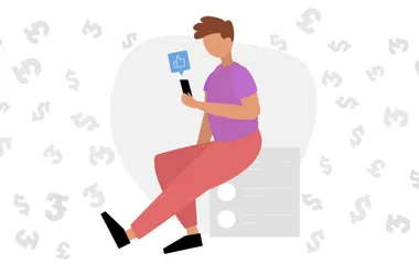 An illustrated person on their phone surrounded by pound and dollar signs