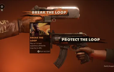 The title screen of Deathloop on PS5 showing "BREAK THE LOOP" and "PROTECT THE LOOP" titles overlayed on two characters hands holding guns